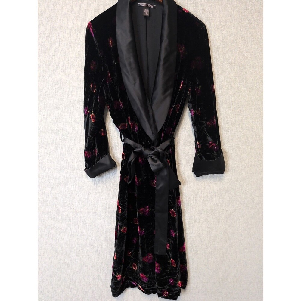 Victoria's Secret Black Velvet Floral Satin Robe Size Large